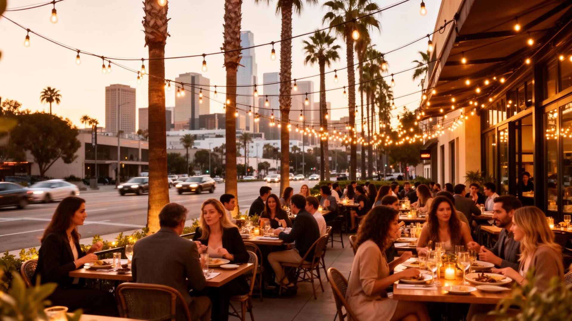 Outdoor restaurant dining in Los Angeles with string lights and palm trees